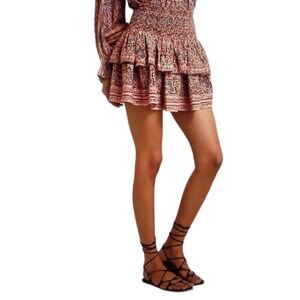 Omika Womens Pari Mini Skirt Mango Poppy Size S Pink Cotton Linen Smocked Tiered